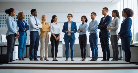 Een diverse groep werknemers staat in een moderne kantooromgeving in een geordende opstelling, terwijl een manager hen uitlegt hoe het ontslagproces volgens het afspiegelingsbeginsel verloopt.