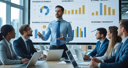 Een zakelijke bijeenkomst in een kantoor waar een professional financiële gegevens presenteert aan collega's.