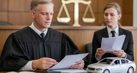 Een rechter en een advocaat in een rechtszaal, met een model van een beschadigde auto op tafel, die een zaak over verkeersnalatigheid behandelen.