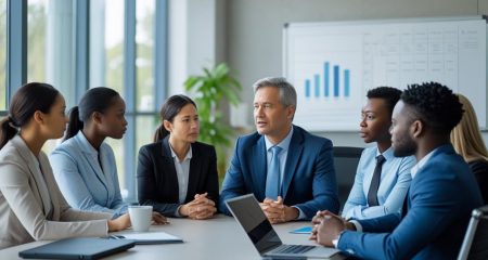 Een groep zakelijke professionals in een kantoor die serieus en begripvol met elkaar in gesprek zijn tijdens een moeilijke bespreking.
