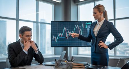 Twee zakelijke professionals in een modern kantoor, een man kijkt bezorgd naar verspreide papieren, een vrouw wijst naar een financieel diagram op een scherm.