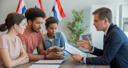 Een advocaat bespreekt documenten met een diverse familie in een kantooromgeving.