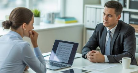 Een werknemer en een werkgever zitten tegenover elkaar aan een vergadertafel in een kantoor, bezig met een serieus gesprek.
