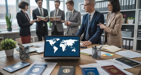 Een groep professionals bespreekt immigratiedocumenten aan een bureau in een modern kantoor.