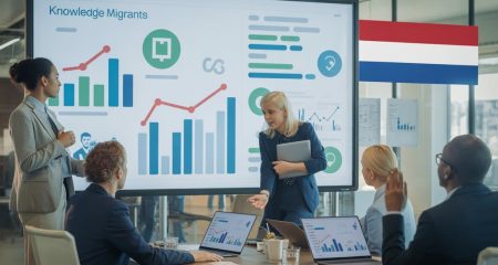 Een groep professionals bespreekt het Nederlandse puntensysteem voor kennismigranten in een moderne kantooromgeving.