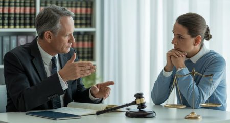 Een advocaat en een cliënt in een kantoor, in gesprek over juridische verantwoordelijkheid.