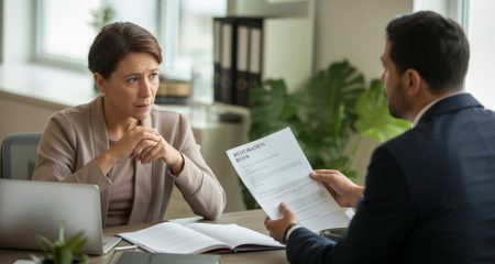 Een persoon in gesprek met een juridisch adviseur in een kantooromgeving.