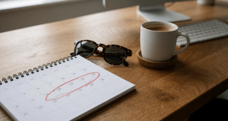 Bureaukalender met gemarkeerde dagen, een zonnebril en een kop koffie