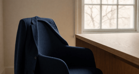 Lege bureaustoel met een jas over de rugleuning