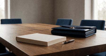 Ingebonden document naast een vulpen en een gesloten aktetas