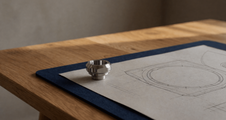 Technische tekening en een klein bewerkt onderdeel naast elkaar op een bureau
