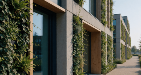 Modern kantoorgebouw met een groene gevel van klimplanten