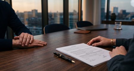 Twee partijen aan tafel met een contract tussen zich in