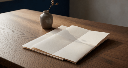 Twee opgevouwen documenten naast een vaasje op een tafel