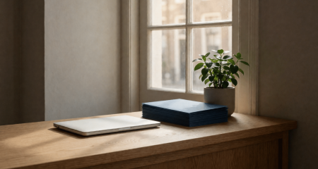 Kleine werkplek met laptop, plant en een stapel mappen bij het raam