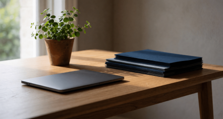 Kleine werkplek met een laptop, plant en een stapel mappen