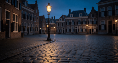 Leeg stadsplein in de schemering met natte keien en een lantaarnpaal