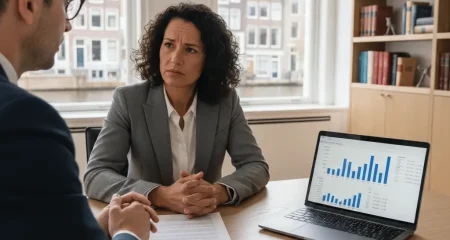 Arbeidsrecht advocaat bespreekt ontslagvergoeding met cliënt in modern Amsterdams kantoor met juridische boeken