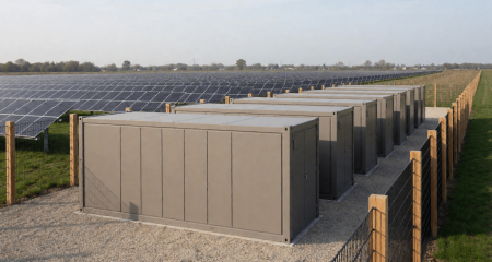 Rij grijze batterijcontainers in een omheind terrein naast een zonnepark