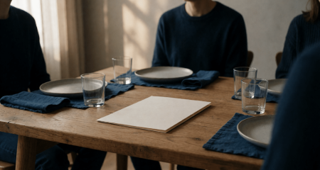 Eettafel met een map documenten in het midden
