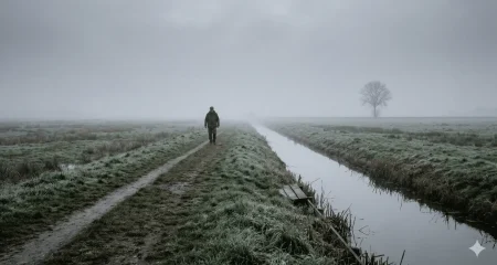 Een vroeg mistige ochtend in een Nederlandse polder met een eenzame wandelaar langs een recht kanaalpad en een kale boom aan de horizon