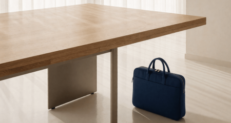 Leeggeruimd bureau met een laptoptas op de vloer ernaast