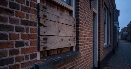 Dichtgetimmerd raam in een bakstenen muur in een stille straat