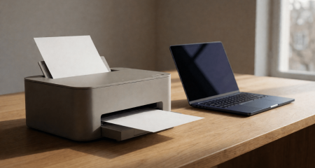 Printer met een half uitgeworpen blanco vel naast een laptop
