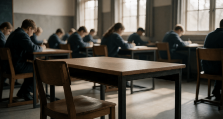 Eén lege tafel achterin een verder gevuld klaslokaal