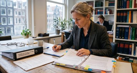 Een advocaat legt aan een werktafel de processen-verbaal uit een strafdossier naast elkaar en markeert passages met tabbladen.