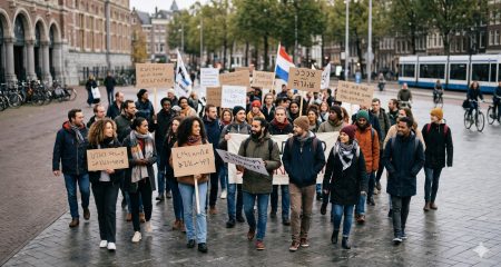 Vreedzame demonstratie op een stadsplein met mensen die spandoeken vasthouden