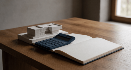 Rekenmachine, grootboek en een maquettegebouwtje op een bureau