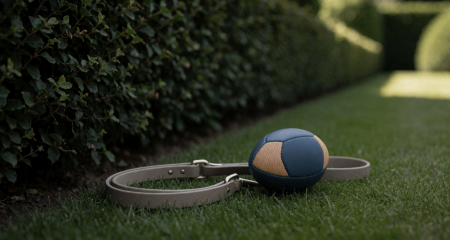 Hondenriem en een kleine voetbal op een gazon naast een heg