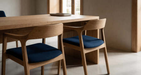 Twee identieke stoelen tegenover een bureau in een gemeenteruimte