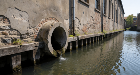 Industriële afvoer aan de rand van een kanaal bij een fabrieksmuur