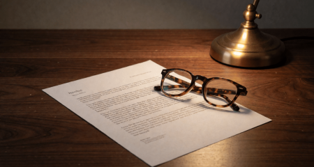 Contractpagina onder een bureaulamp met een opgevouwen leesbril erop
