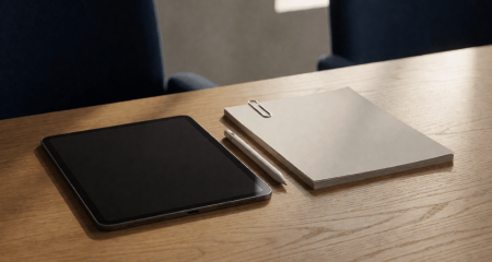 Tablet met stylus op een eikenhouten bureau naast een geprint contract met paperclip