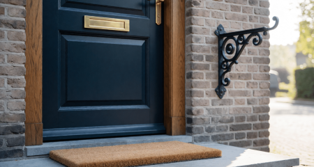 Voordeur van een Nederlandse woning met een lege beugel en een deurmat