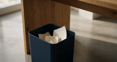 Verscheurd document in een prullenbak naast een eikenhouten bureau