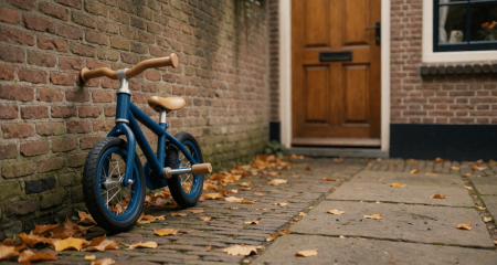 Kinderfiets tegen een bakstenen tuinmuur in herfstlicht