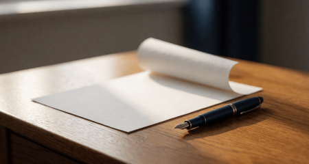 Contractpagina met een omgevouwen hoek op een eikenhouten bureau