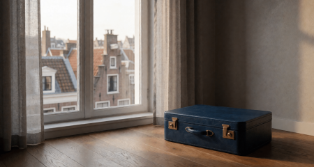 Koffer bij een raam van een woning met uitzicht op daken