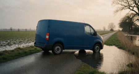 Bestelbus stilstaand op een ondergelopen weg langs een akker