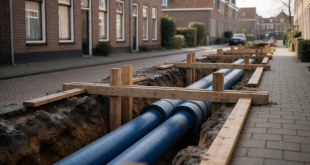 Warmteleidingen in een open sleuf in een woonstraat