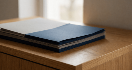 Stapel jaarrekeningmappen op een archiefkast