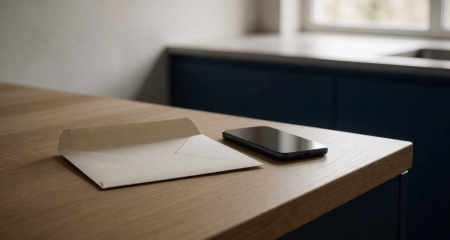 Geopende officiële envelop naast een telefoon op een keukenblad