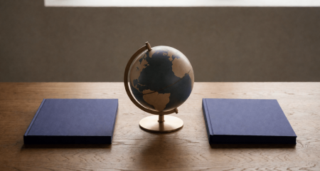 Wereldbol op een bureau met aan beide kanten een identieke map