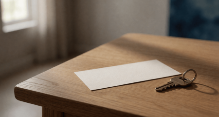 Huissleutel en een blanco kaartje op een halkastje