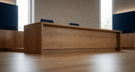 Lege rechtersbank gezien vanaf de vloer van een rechtszaal