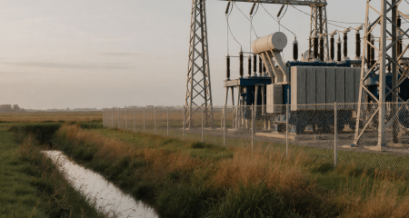 Elektriciteitsstation achter een hek in een Nederlands polderlandschap